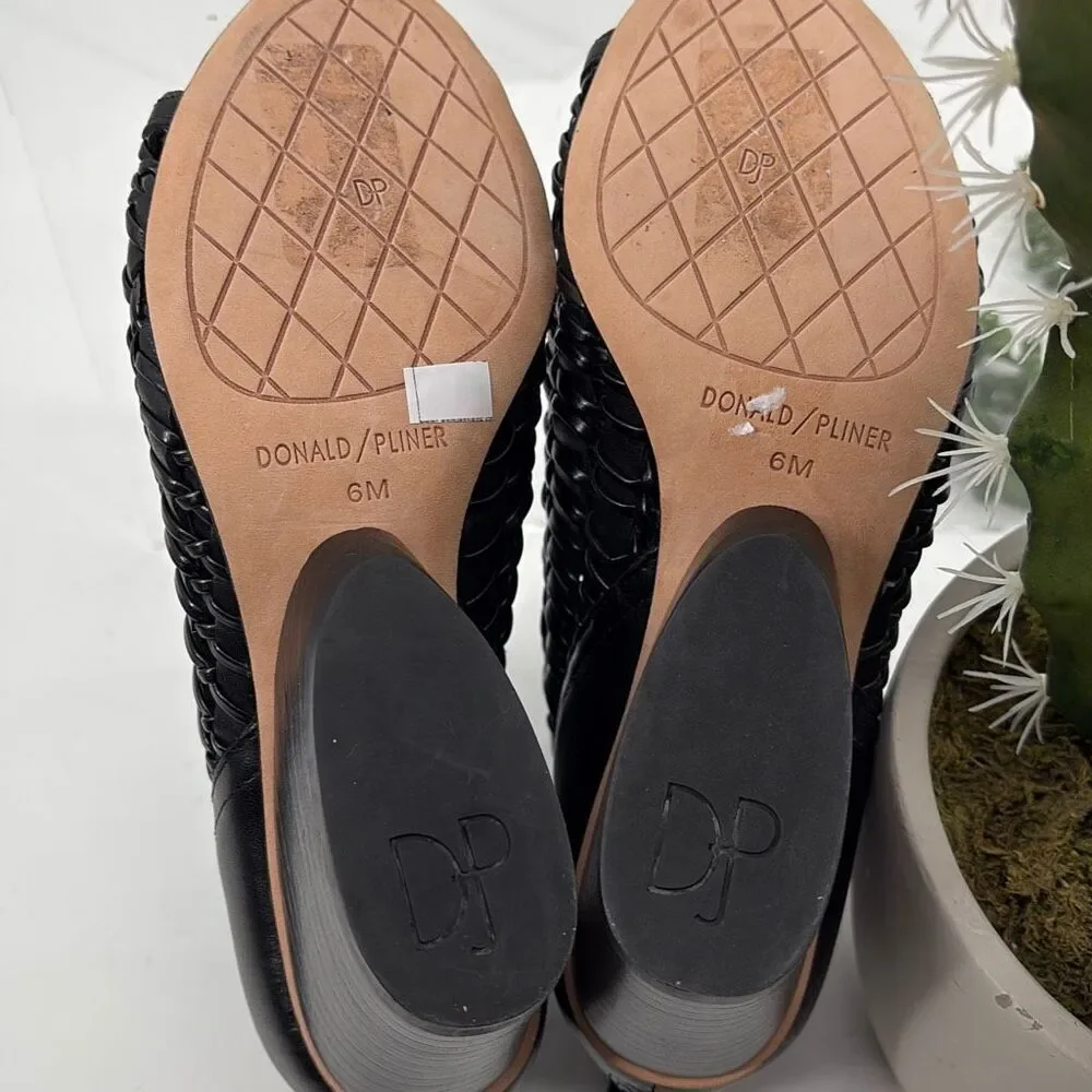 New Donald J Pliner Women's JACQI‎ Woven Wedge Peep Toe Zip Bootie Black 6